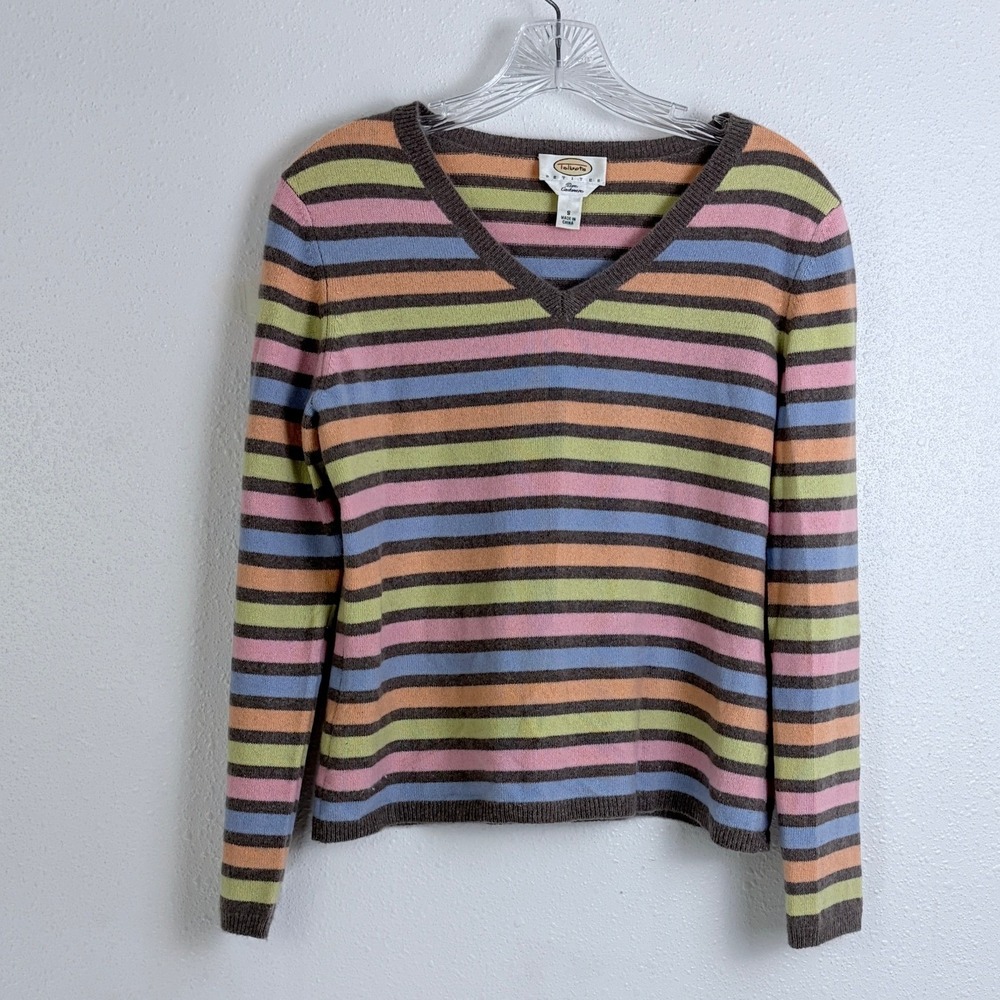 Talbots Pure Cashmere Striped V-Neck Sweater Brown Pastel Multicolor Petite S